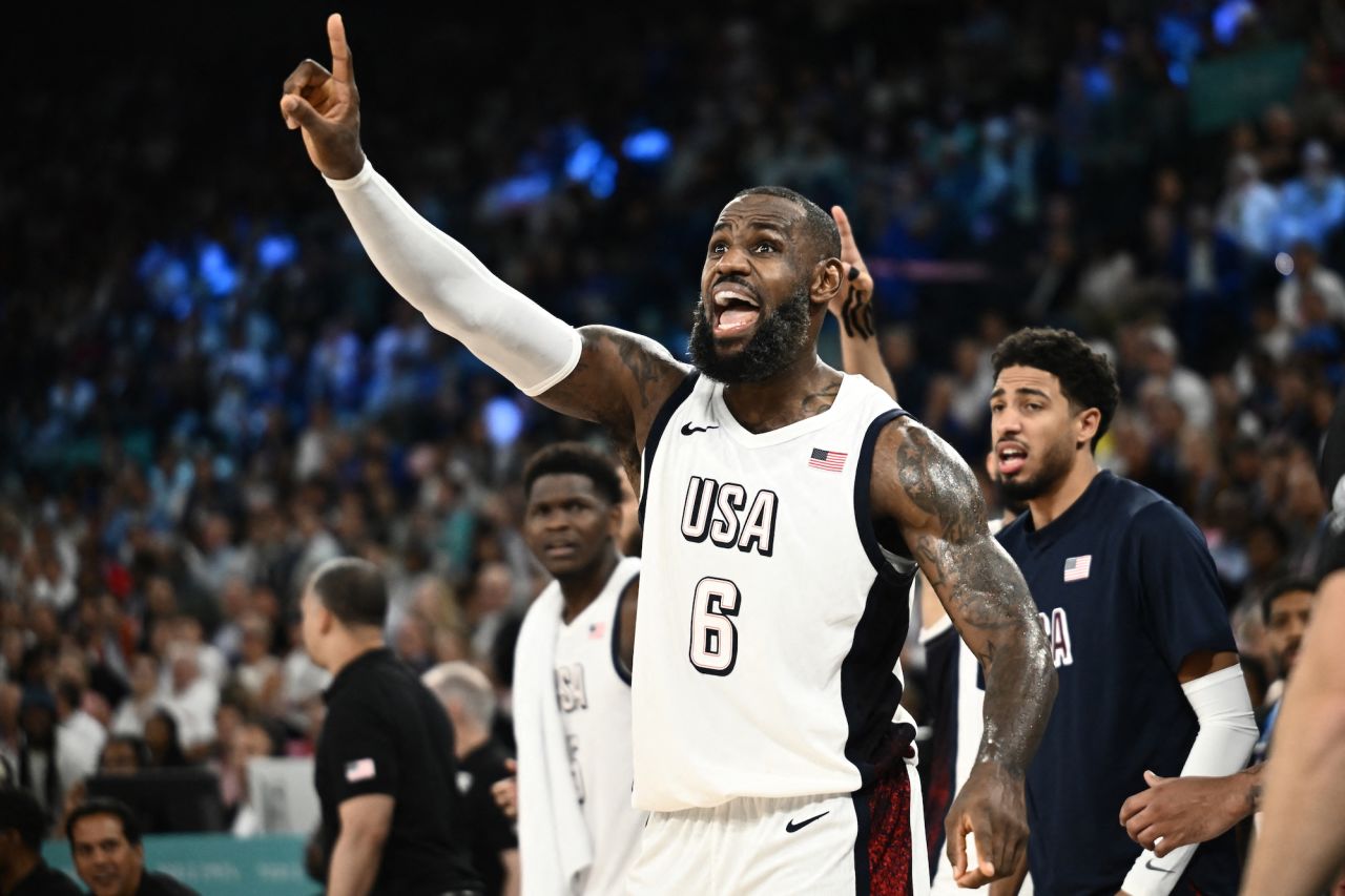 USA's LeBron James reacts during the semifinal match against Serbia.