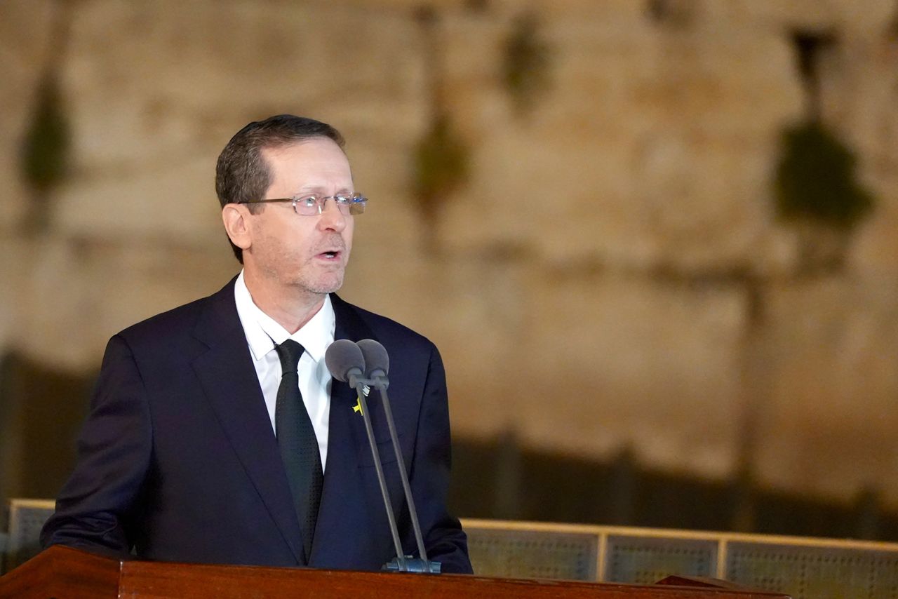 Israeli President Isaac Herzog speaks during an event to mark Israel's annual Memorial Day, in Jerusalem, Israel, on May 13.