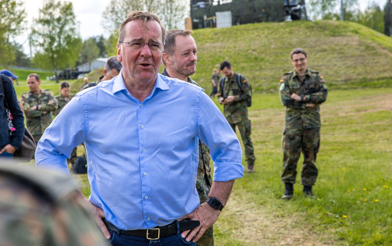 German Defense minister, Boris Pistorius, speaks to soldiers during a visit to a German air defense missile unit on Thursday.