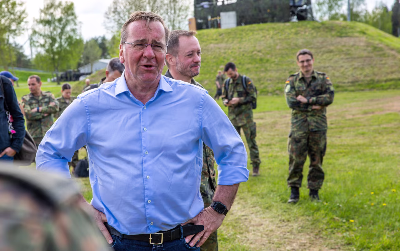 German Defense minister, Boris Pistorius, speaks to soldiers during a visit to a German air defense missile unit on Thursday.