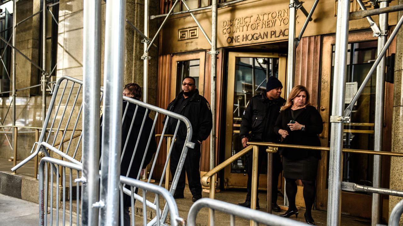 Security barricades set up outside the New York District Attorney's office in New York on Monday, March 20.