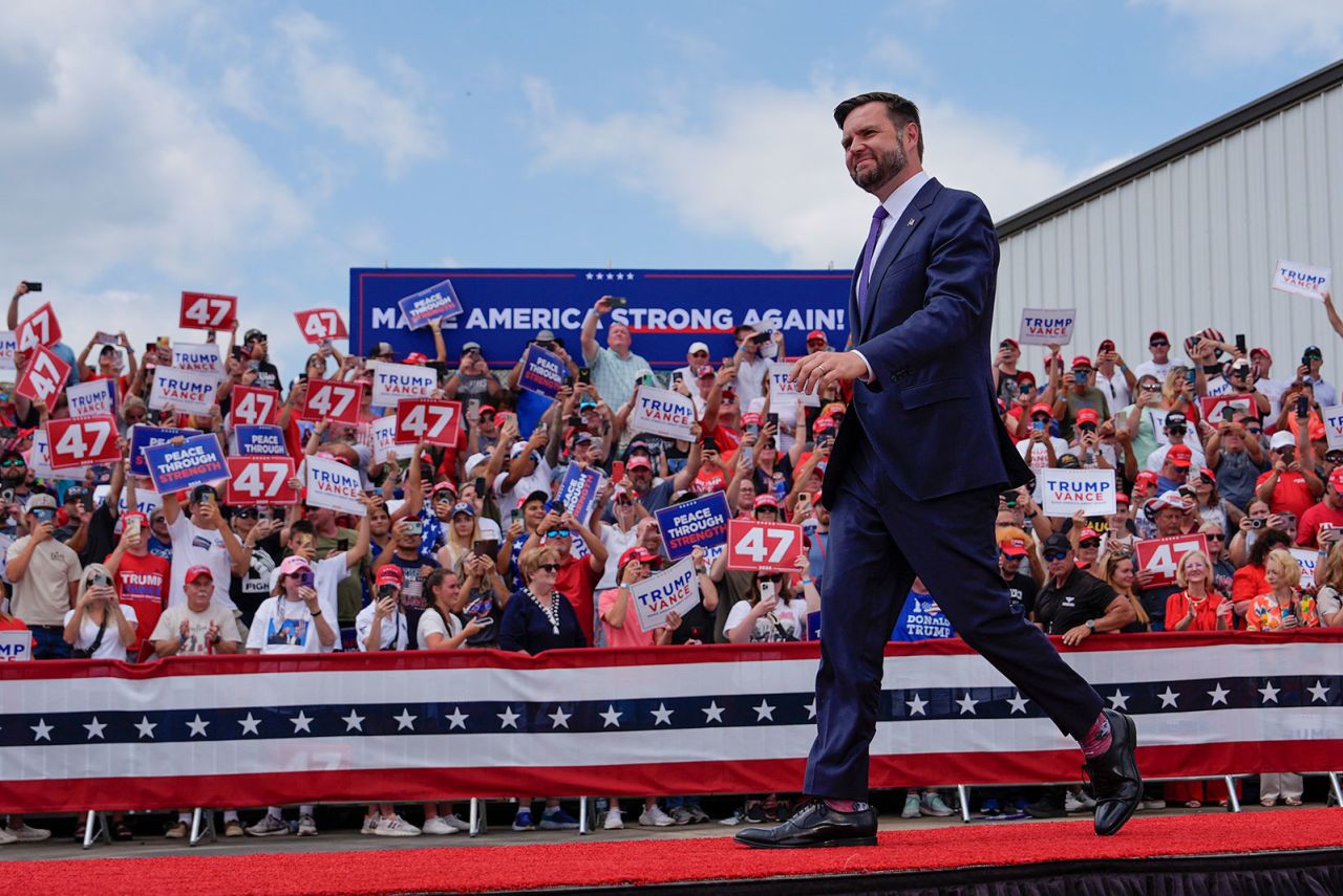 Ohio Sen. JD Vance, Republican vice presidential nominee, arrives at a campaign rally on Wednesday, August 21, in Asheboro, North Carolina. 