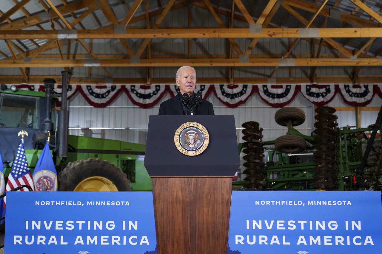 President Joe Biden speaks at Dutch Creek Farms in Northfield, Minnesota, on November 1.