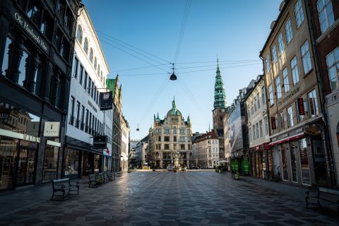 The famous "Stroeget" pedestrian street in Copenhagen, Denmark, is empty on January 12.