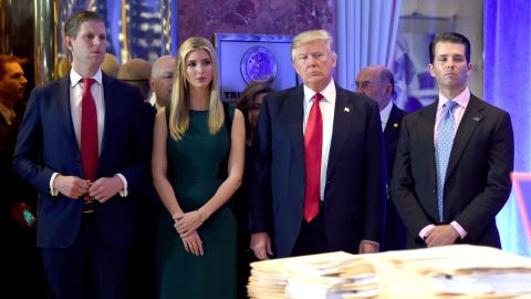 From left, Eric Trump, Ivanka Trump, Donald Trump and Donald Trump Jr. arrive for a news conference at Trump Tower in New York in 2017.