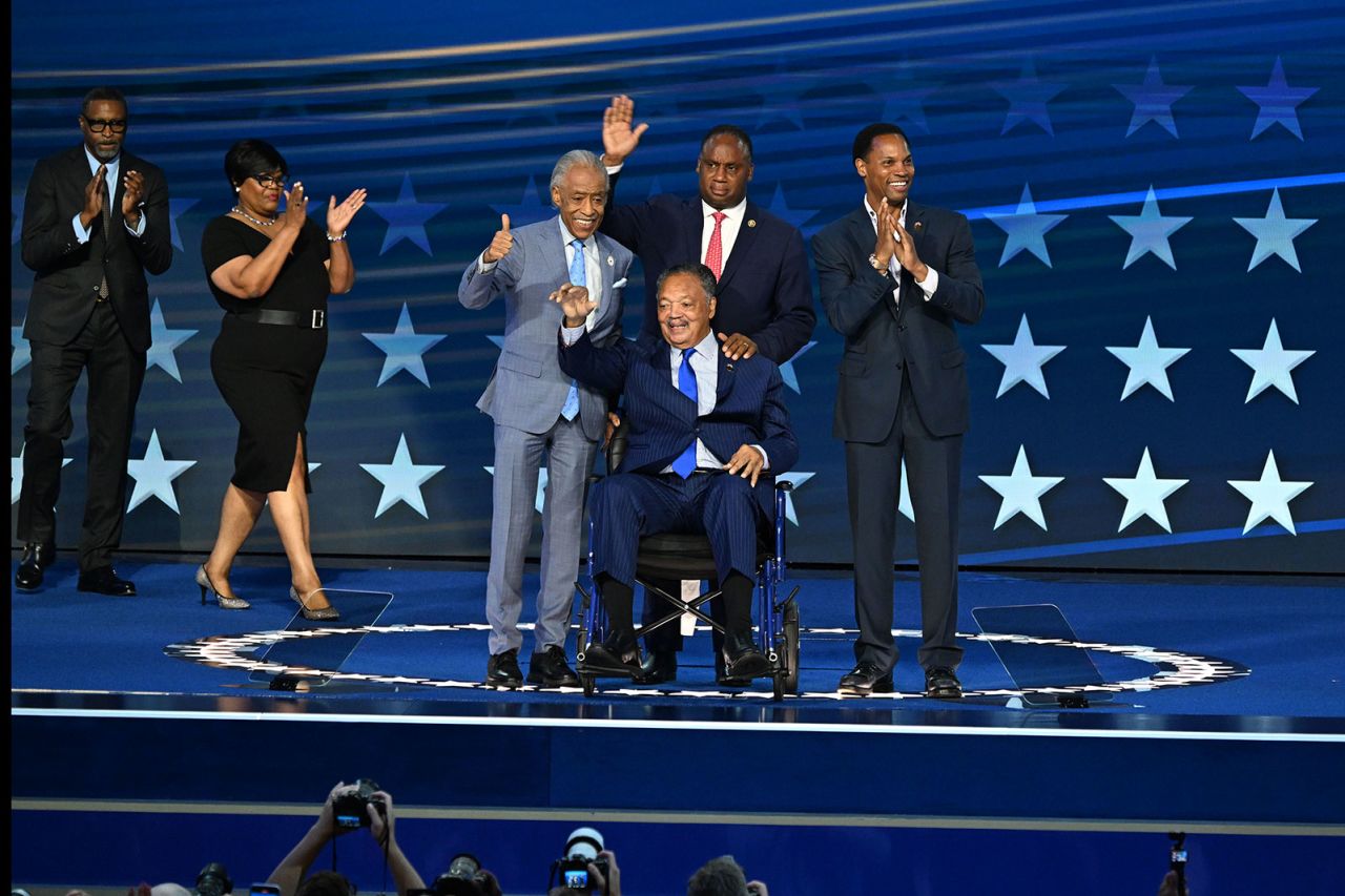 Rev. Jesse Jackson on stage during a tribute to him on the first night of the DNC on Monday, August 19, in Chicago.