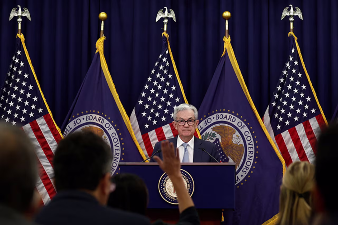 Federal Reserve Board Chairman Jerome Powell holding a news conference following the announcement that the Federal Reserve raised interest rates by half a percentage point, at the Federal Reserve Building in Washington, today.