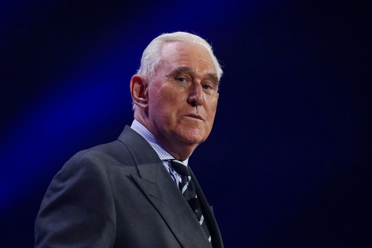 Roger Stone speaks at the Turning Point Action conference in West Palm Beach, Florida, on Sunday, July 16, 2023. 