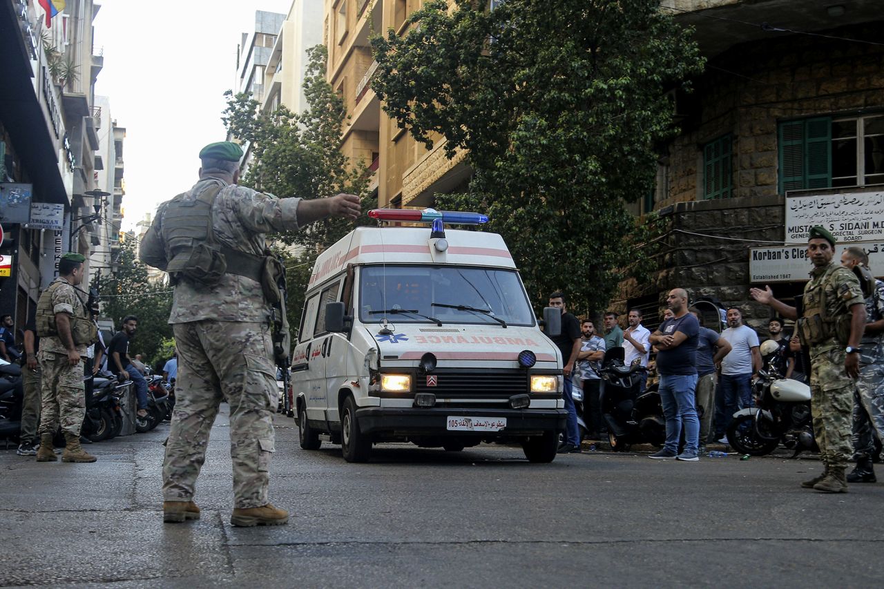 Lebanese army soldiers secure the area for an ambulance to enter the premises of the American University hospital in Beirut, Lebanon, on September 17.