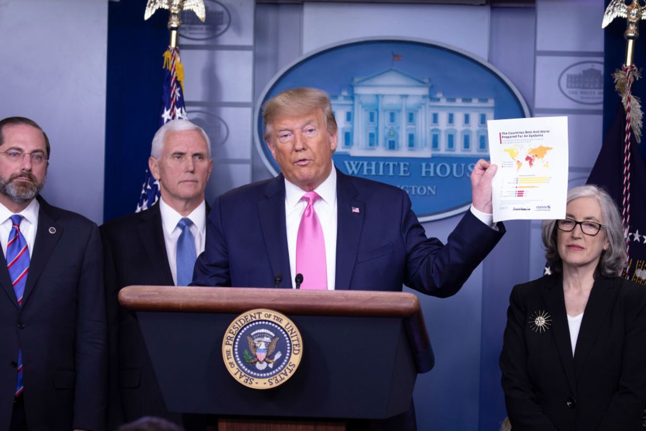 President Trump speaks at the beginning of a new conference with members of the coronavirus task force, including Vice President Mike Pence in the Brady Press Briefing Room at the White House February 26, 2020 in Washington, DC. 