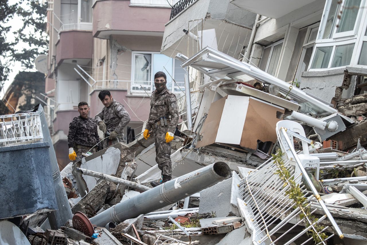 Soldiers work on the rescue operations in Hatay Turkey, on February 07.