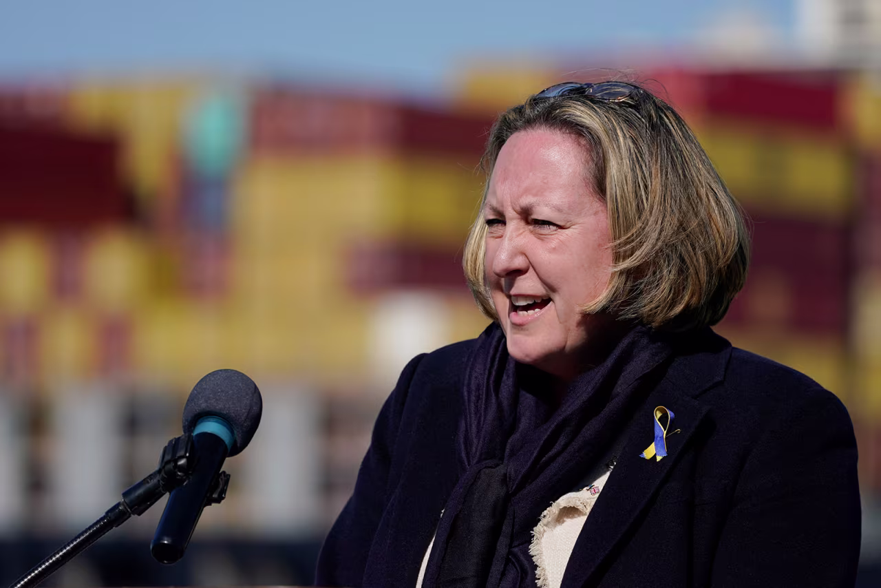 UK Secretary of State for International Trade Anne-Marie Trevelyan speaks during a news conference on March 21, in Baltimore. 