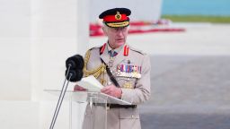 King Charles III speaking during the UK national commemorative event for the 80th anniversary of D-Day, held at the British Normandy Memorial in Ver-sur-Mer, Normandy, France, on June 6.