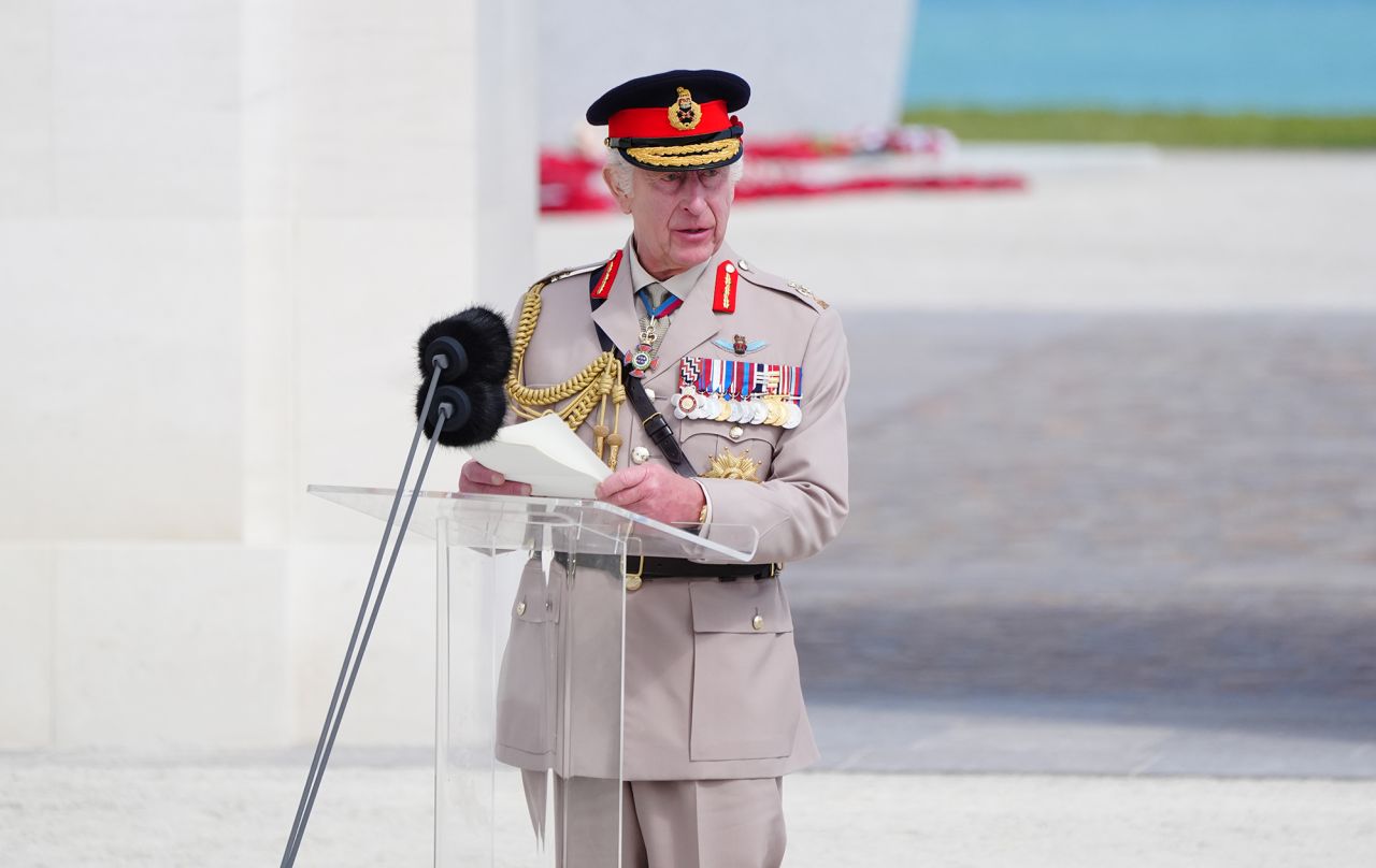 King Charles III speaking during the UK national commemorative event for the 80th anniversary of D-Day, held at the British Normandy Memorial in Ver-sur-Mer, Normandy, France, on June 6.