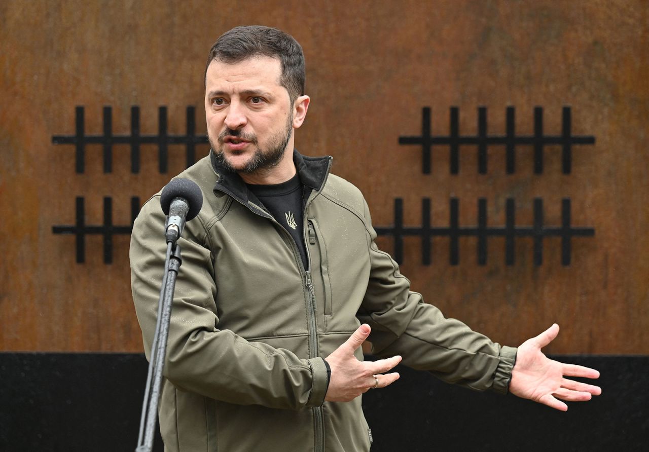 Volodymyr Zelensky speaks during a visit in the village of Yagidne, north of Kyiv, on April 3.