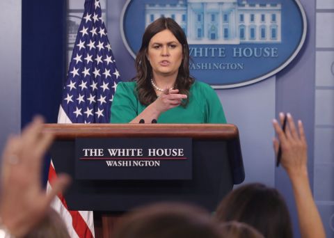 White House Press Secretary Sarah Huckabee Sanders speaks to reporters in the White House on May 7, 2018 in Washington, DC. 