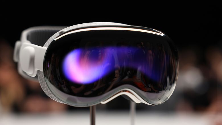 The new Apple Vision Pro headset is displayed during the Apple Worldwide Developers Conference today in Cupertino, California. 