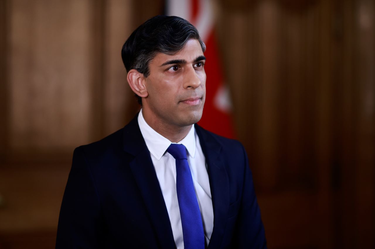 British Prime Minister Rishi Sunak records a statement at 10 Downing Street in London on Sunday.