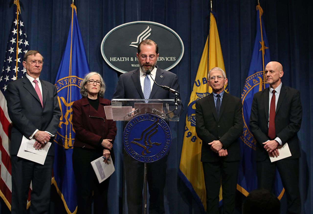 HHS Secretary Alex Azar speaks about the coronavirus while flanked by (from left to right) Assistant Secretary for Preparedness and Response Robert Kadlec, Centers for Disease Control and Prevention Principal Deputy Director Anne Schuchat, National Institute of Allergy and Infectious Diseases Director Anthony Fauci and Commissioner of Food and Drugs Stephen Hahn during a press briefing at the Department of Health and Human Services headquarters on Tuesday, February 25,  in Washington. 