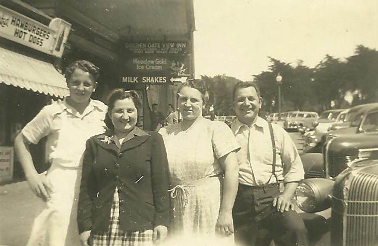 Pictured from left to right are Jim Hontalas, Rachel Lelchuk, Helen Hontalas and Louis Hontalas, outside Louis' Restaurant circa 1946.