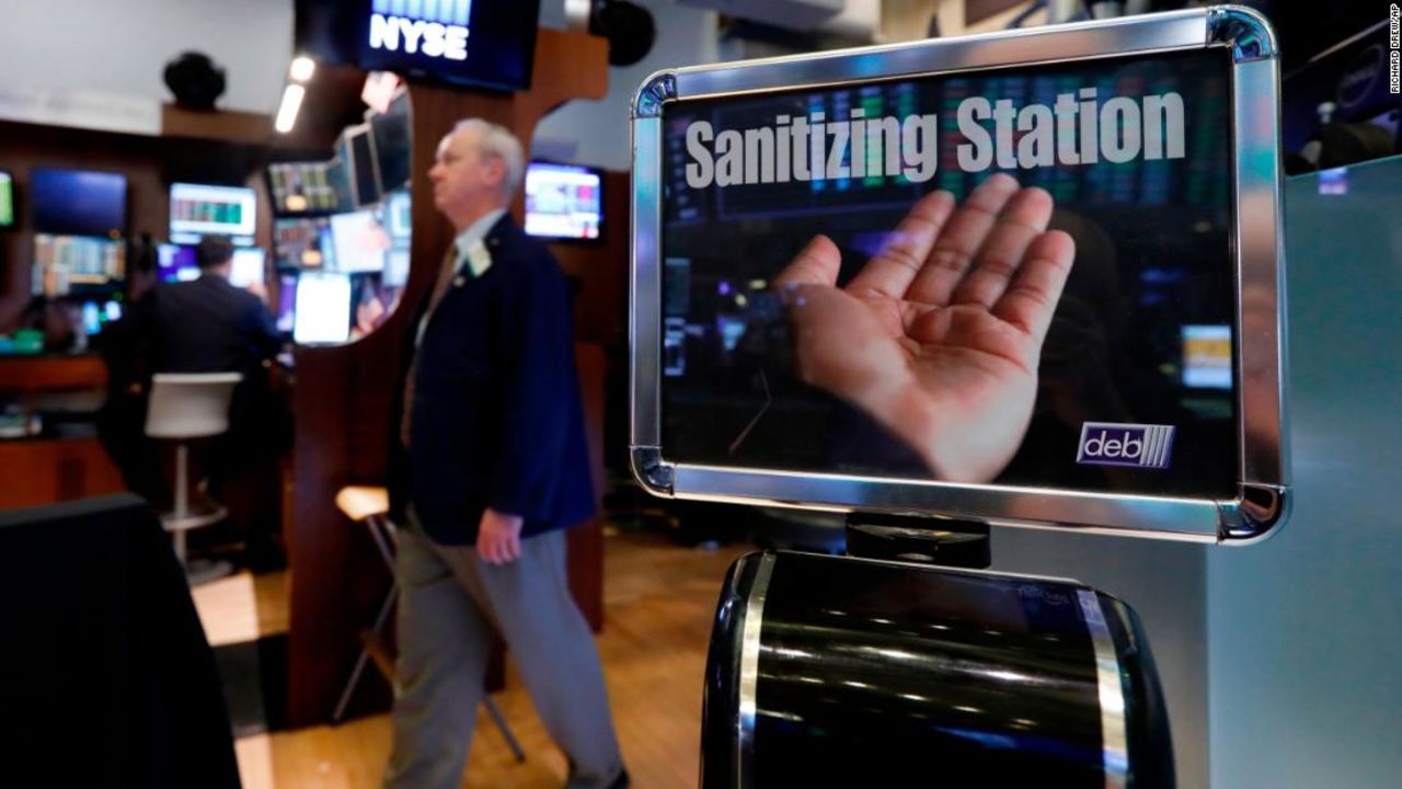 A hand sanitizing station on the floor of the New York Stock Exchange, Tuesday, March 3, 2020.?