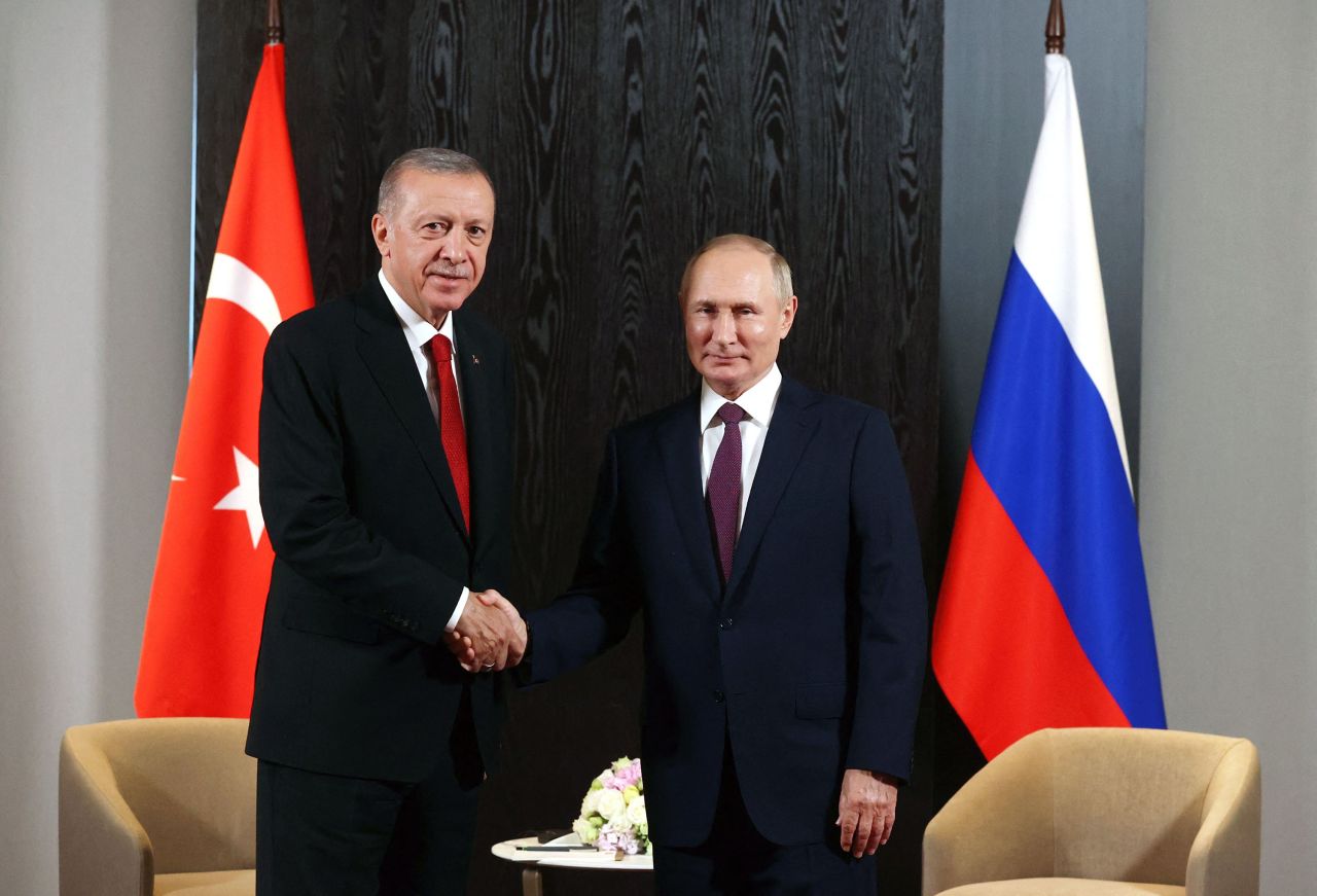 Turkish President Recep Tayyip Erdogan is pictured with Russian President Vladimir Putin during a meeting on the sidelines of the Shanghai Cooperation Organisation (SCO) leaders' summit in Samarkand, Uzbekistan, in September 2022.