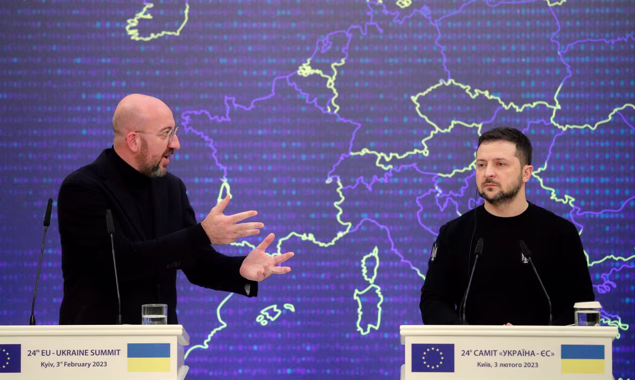 Charles Michel, President of the European Council, left, speaks as Ukrainian President Volodymyr Zelensky listens during their meeting in Kyiv, Ukraine, on February 3. 