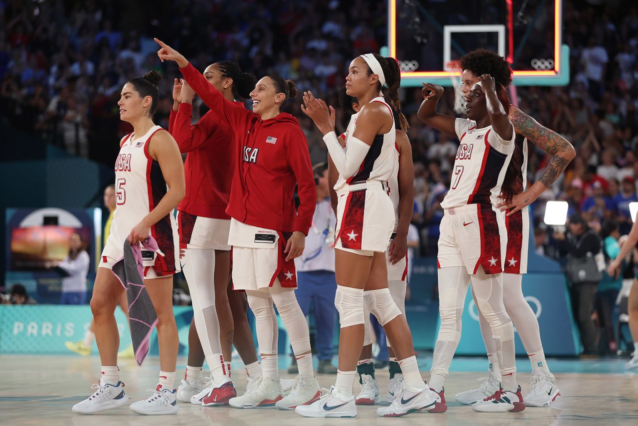 Team United States celebrates after their win against Team Australia during a women's semifinal match on August 09.