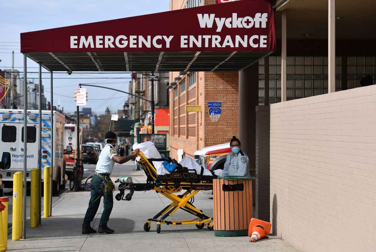 Medical staff move a patient into the?Wyckoff Heights Medical Center emergency room in Brooklyn, New York, on April 7.