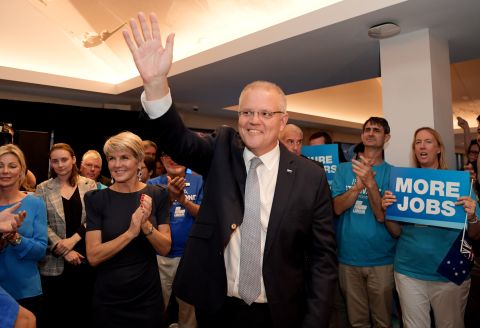 Prime Minister Scott Morrison with former deputy Julie Bishop at a Liberal party rally in the Perth seat of Swan on May 13.
