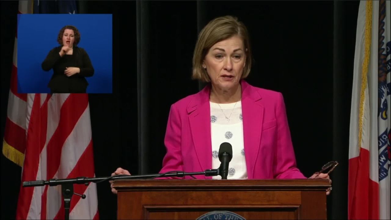 Iowa Gov. Kim Reynolds speaks during a press briefing in Des Moines, Iowa, on December 16.