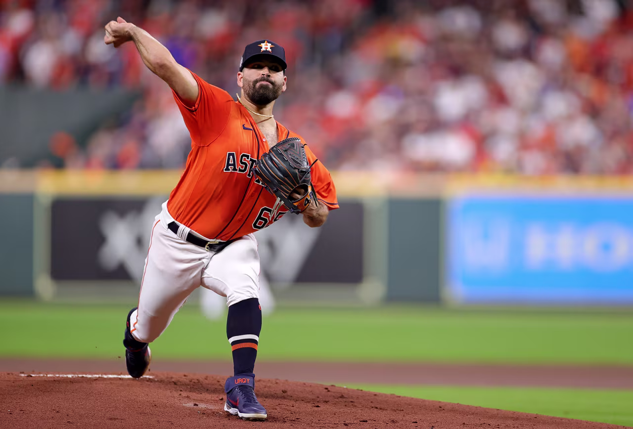 Jose Urquidy of the Houston Astros delivers the pitch against the Atlanta Braves during the first inning in Game Two of the World Series.