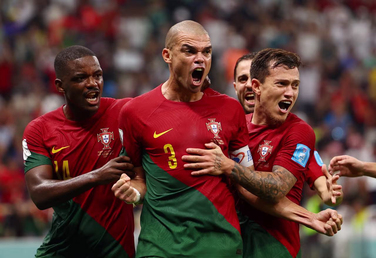 Portugal's Pepe celebrates scoring their second goal with teammates at Lusail Stadium in Lusail, Qatar on Tuesday.