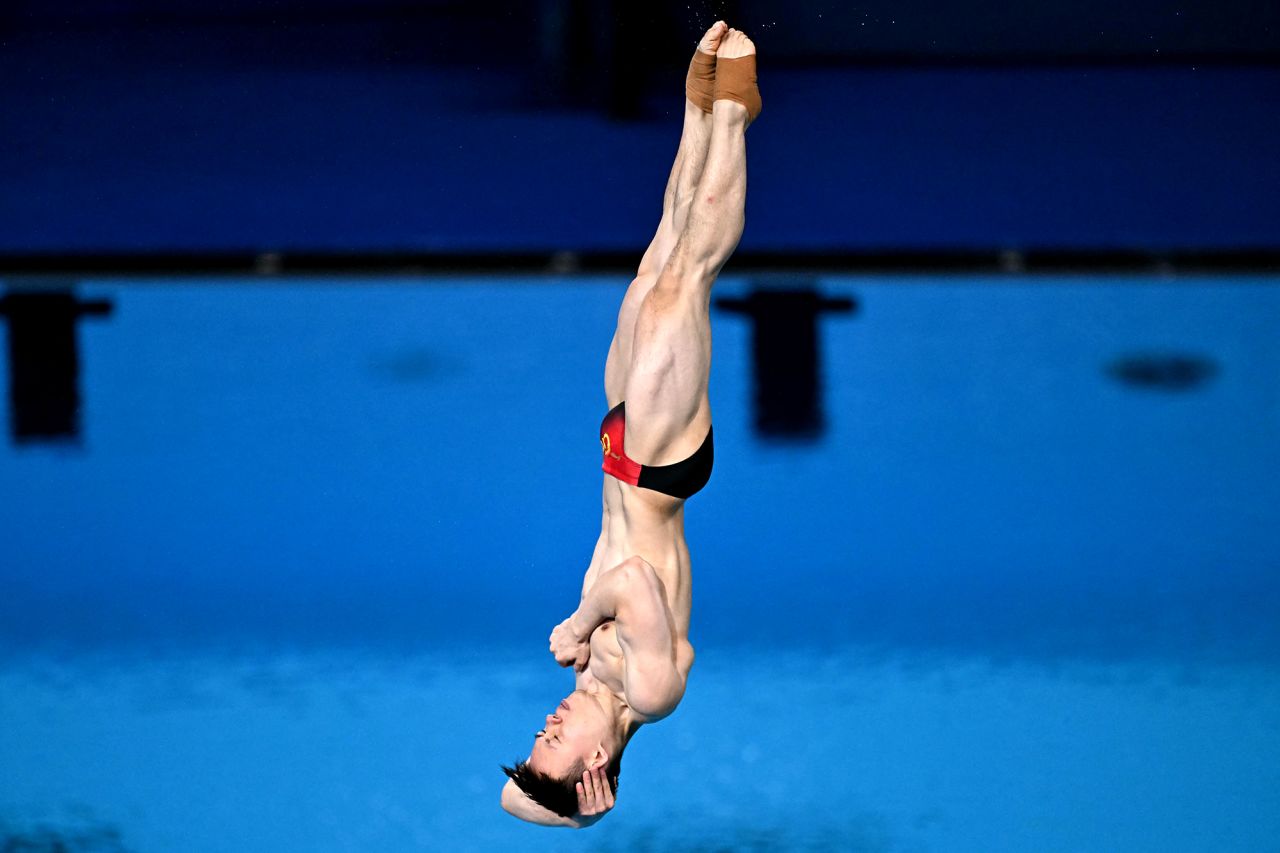 China's Xie Siyi competes in the men's 3m springboard diving final during the Paris 2024 Olympic Games at the Aquatics Centre in Saint-Denis, on August 8.