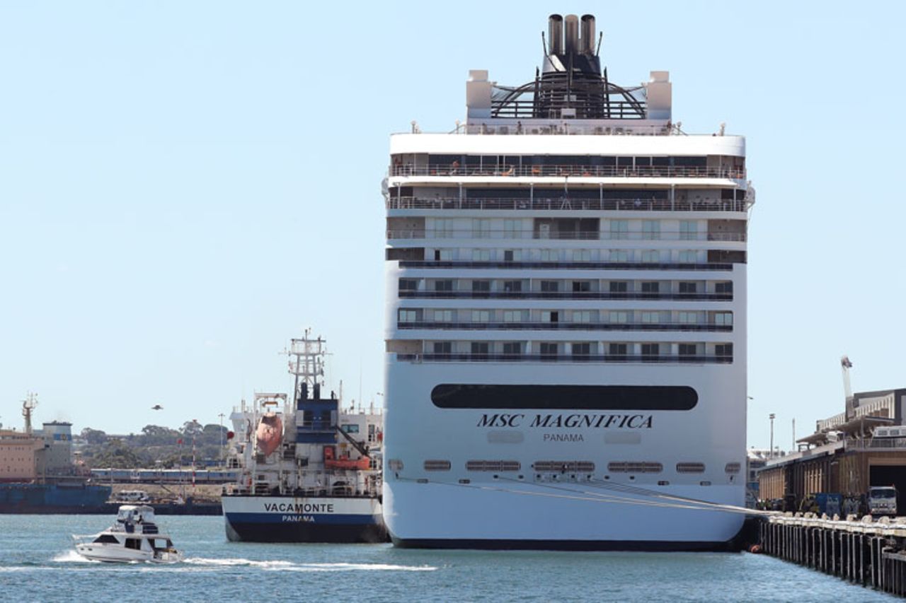 Oil tanker Vacamonte refuels the MSC Magnifica while berthed at Fremantle Passenger Terminal on March 24, in Fremantle, Australia. 