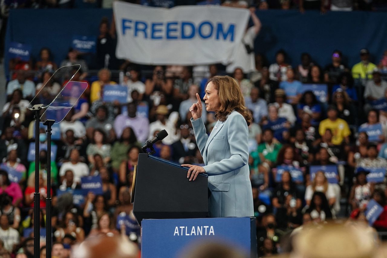 Vice President and 2024 Democratic presidential candidate Kamala Harris speaks at a campaign event in Atlanta, Georgia, on July 30.