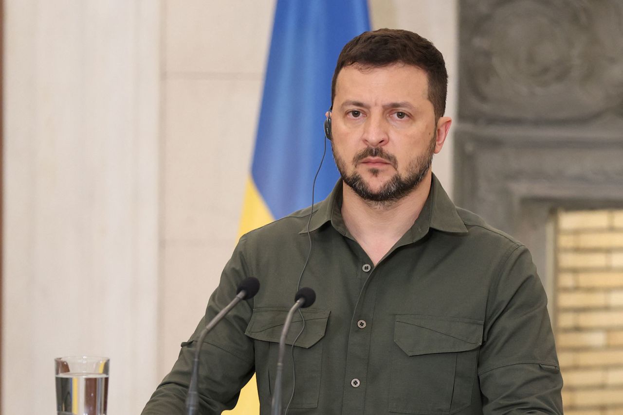 Ukraine President Volodymyr Zelensky speaks during a meeting at Maximou mansion in Athens, on Monday, August 21, 2023.