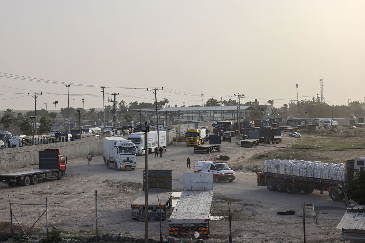 Trucks carrying humanitarian aid enter Gaza via the Rafah crossing with Egypt on November 26.