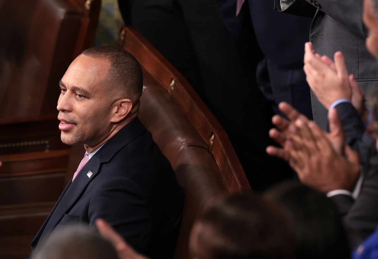 House Minority Leader Hakeem Jeffries sits on the floor as he is nominated for the Democrat candidate for Speaker of the House as the House of Representatives prepares to vote on a new Speaker at the U.S. Capitol Building on October 17, in Washington, DC.