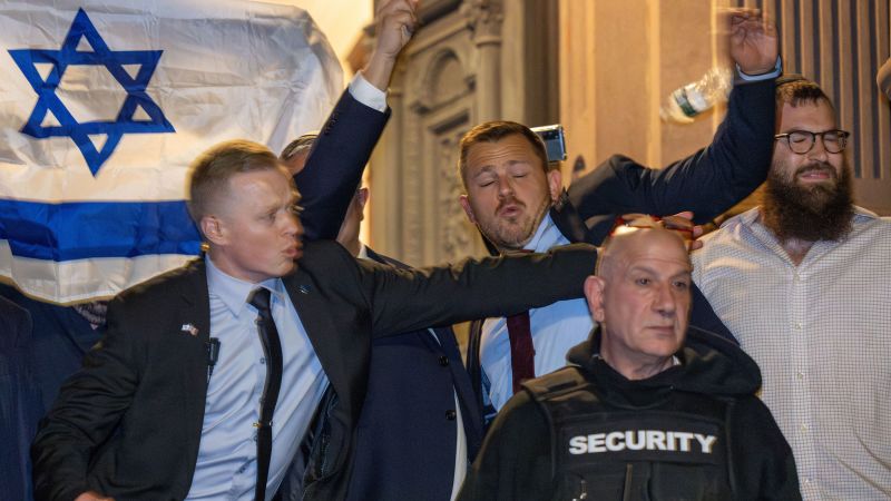 Palestinian supporters confront far-right Israeli security minister as he leaves an event near Yale
