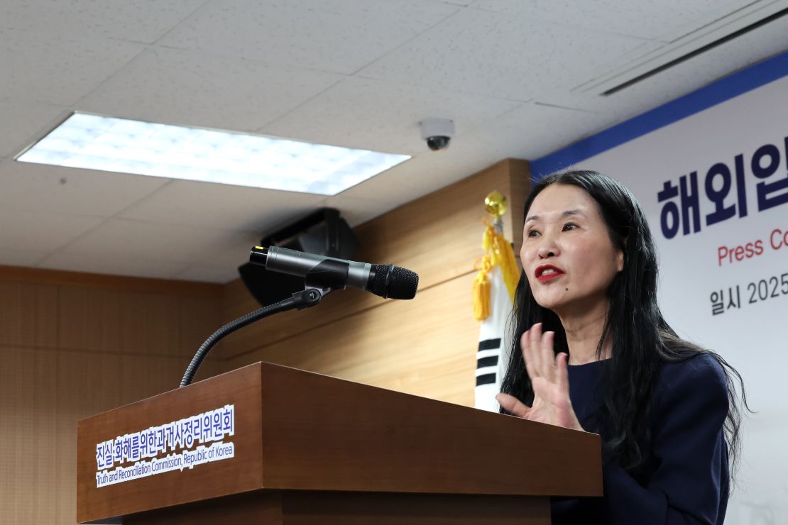 Yooree Kim, an adoptee to France, speaks about her painful adoption experience during a press conference in Seoul, South Korea, in March.