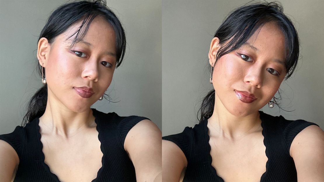 Glossier Lip Line in Flush (left). Glossier Lip Line in Flush with Fenty Lip Gloss in Fenty Glow (right).