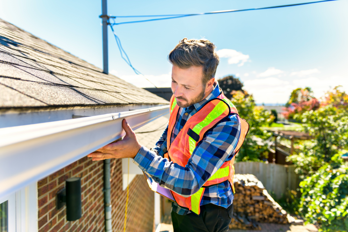 Roof inspector examines shingles on a home.