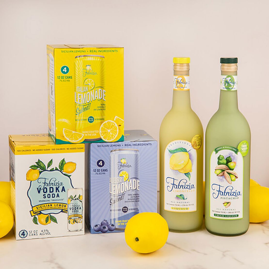 Fabrizia Spirits ready-to-drink canned cocktails, Limoncello and Crema di Pistacchio Liqueur