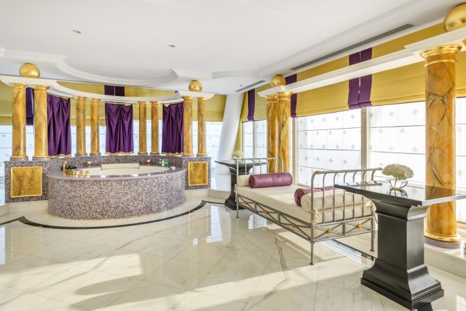 It boasts butler service, a nine-choice pillow menu, and a private personalized bar. To top it off, there is a full-size jacuzzi tub in each of the master bathrooms, surrounded by Roman-style gold marble columns.