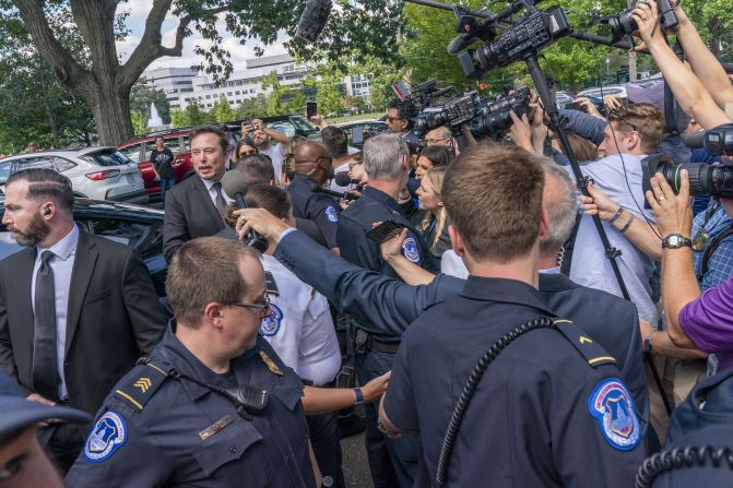 Musk speaks to the media in Washington, DC, after attending a closed-door gathering of leading tech CEOs in September 2023. They were meeting to discuss the priorities and risks surrounding artificial intelligence and how it should be regulated.