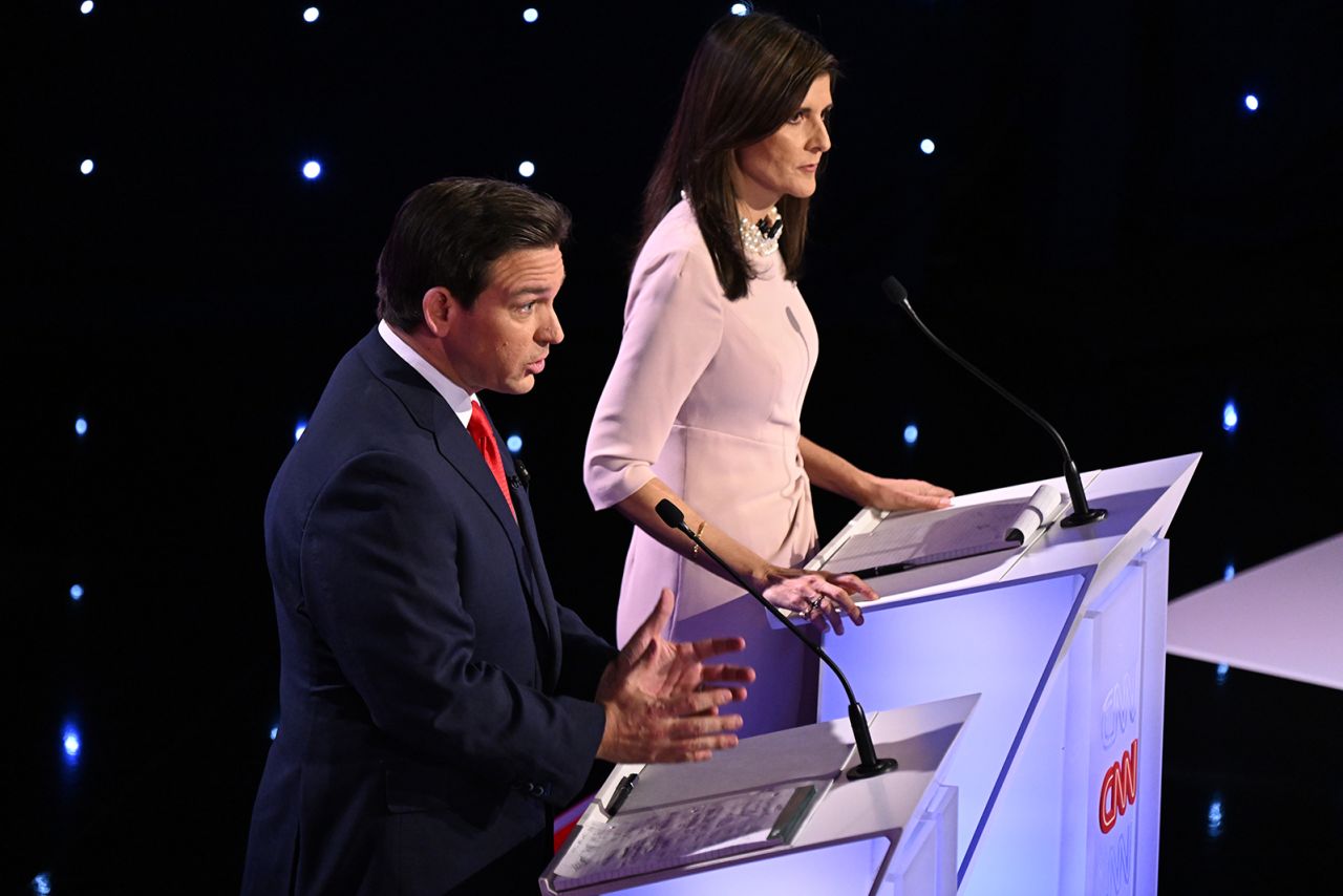 Florida Gov. Ron DeSantis gestures as he speaks during a CNN Republican Presidential Debate at Drake University in Des Moines, Iowa, on , on Wednesday.