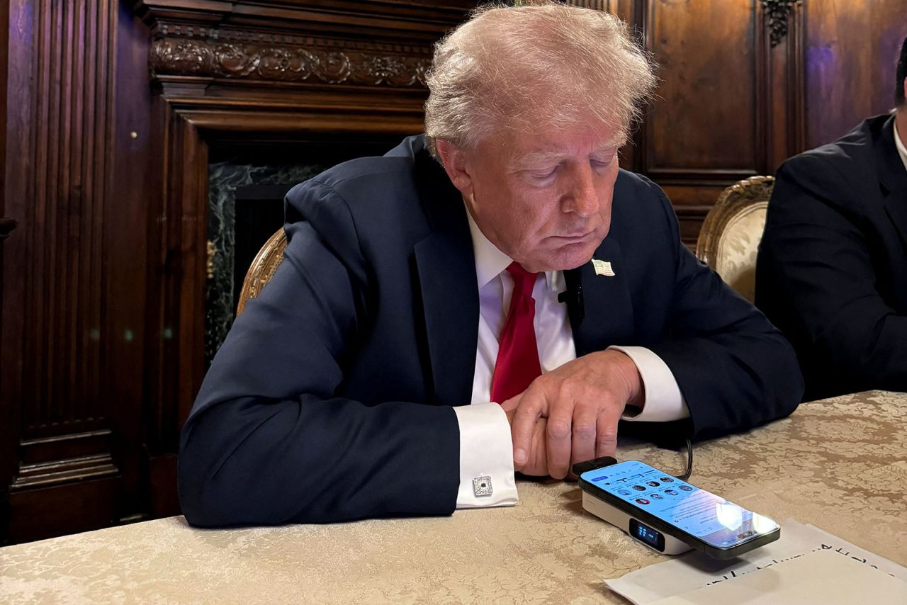 Republican presidential nominee and former U.S. President Donald Trump speaks as he participates in an interview with billionaire entrepreneur Elon Musk on the social media platform X, at Mar-a-Lago in Palm Beach, Florida, on Monday, August 12, in this picture obtained from social media. 