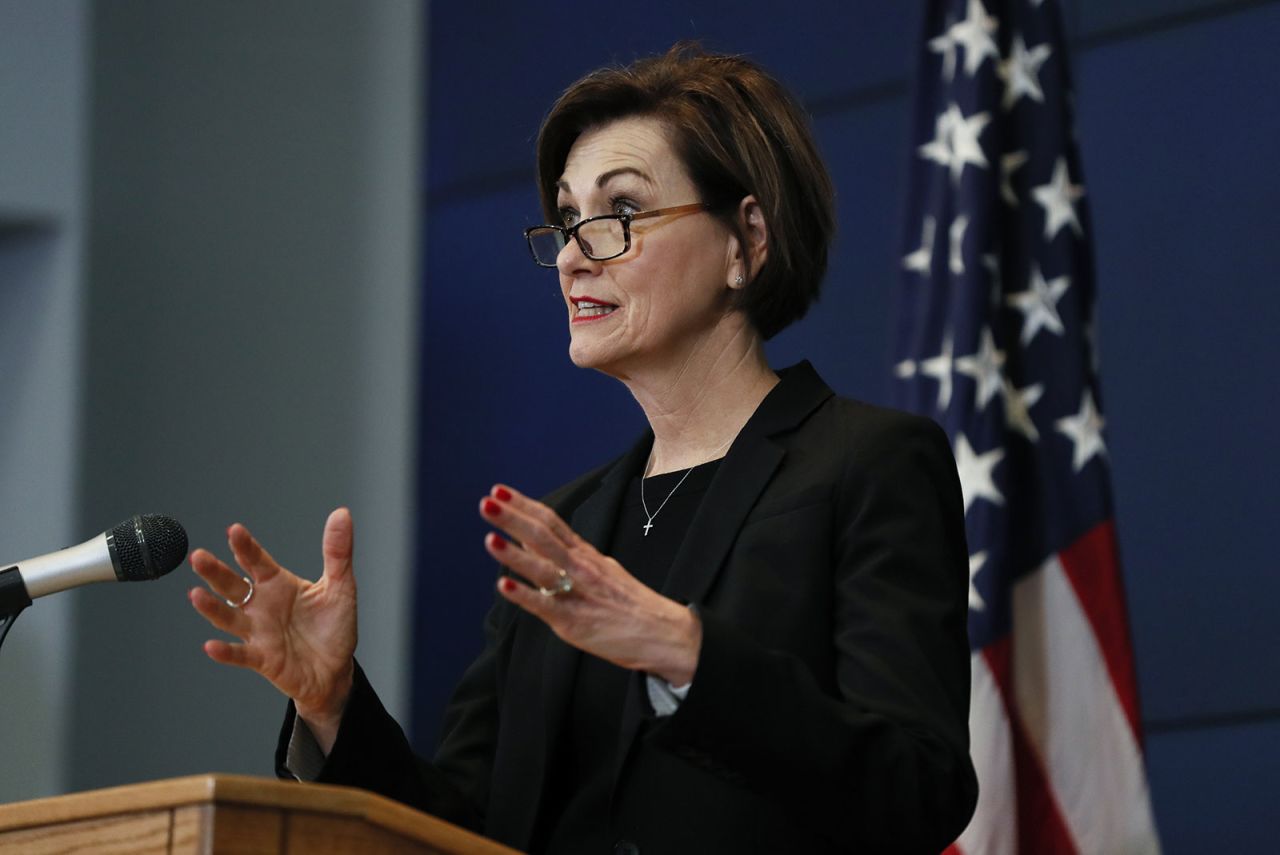 Iowa Gov. Kim Reynolds updates the state's response to the coronavirus outbreak during a news conference on April 23, in Johnston, Iowa.