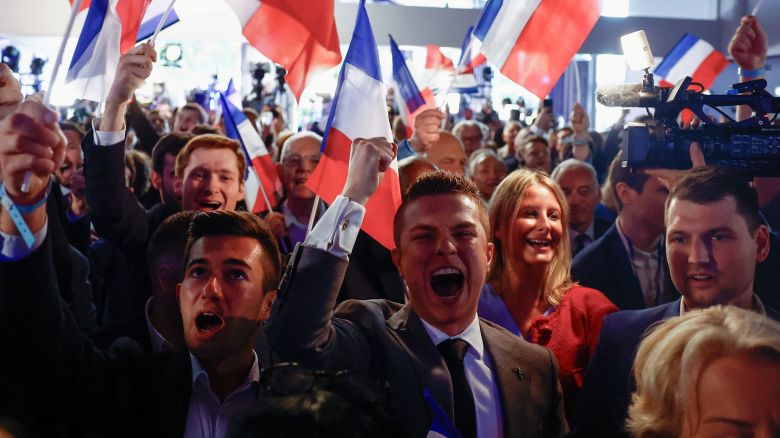Supporters of the French far-right National Rally party react in Paris after the polls closed during the European Parliament elections on June 9. 